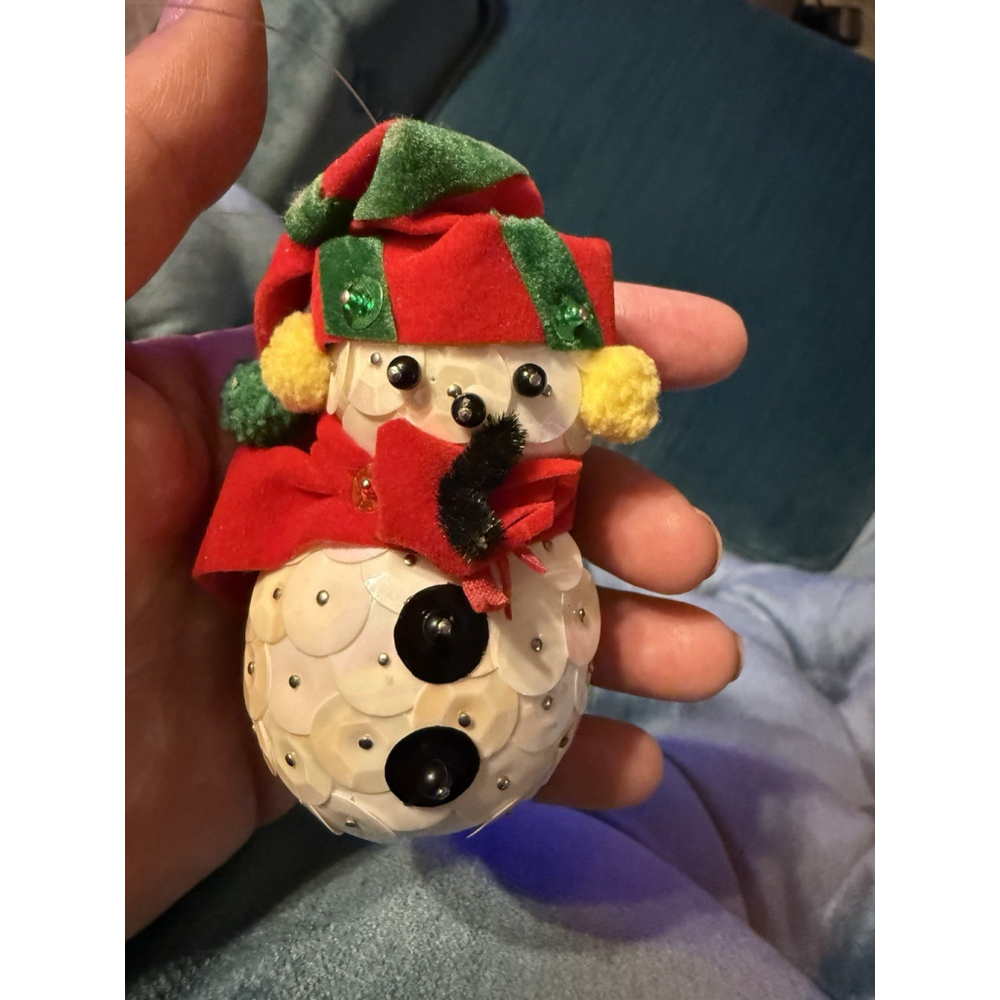 Vintage Iridescent Snowman Push Pin Christmas Ornament 3” Ornate Rare Handmade